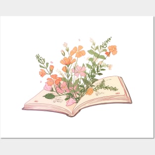 Orange pastel Wildflowers growing from an open book Posters and Art